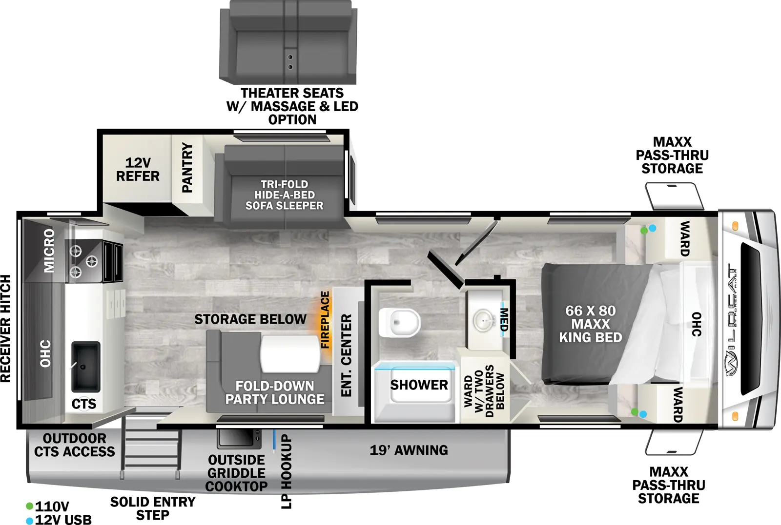 The Wildcat Travel Trailers 248RKX - ONE floorplan has one entry and one slide out. Exterior features include: fiberglass exterior and 19' awning. Interiors features include: rear kitchen and front bedroom.